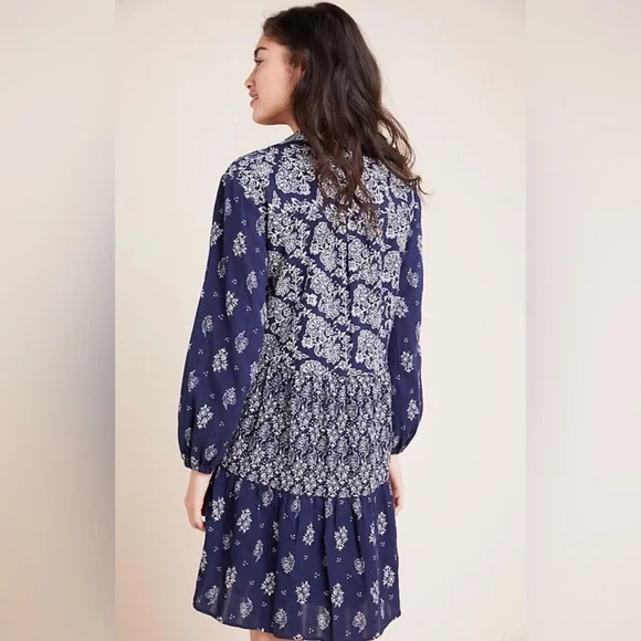 Anthropologie Maeve Carlita Tierd Tunic Dress Cotton Blue Floral Mini Bo… - Picture 3 of 13